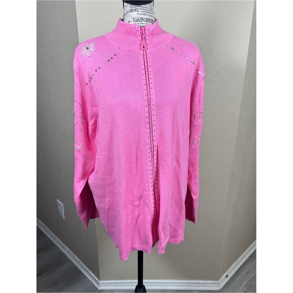 Quacker Factory Pink Rhinestone Zip-Up Cardigan - Picture 11 of 12